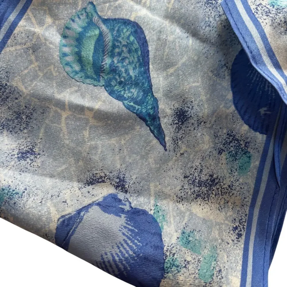 Vintage 80s Liz Claiborne blue silk scarf with pointy ends seashells beach theme